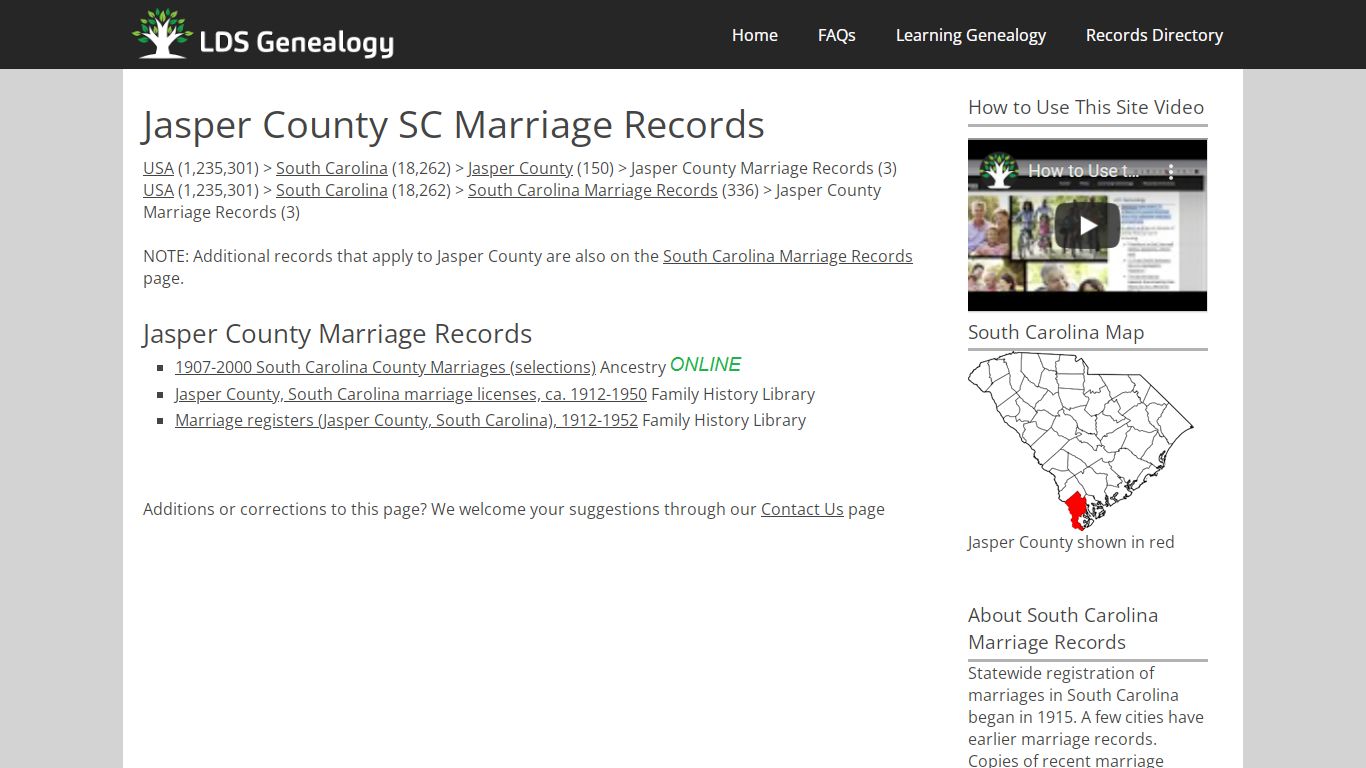 Jasper County SC Marriage Records - LDS Genealogy