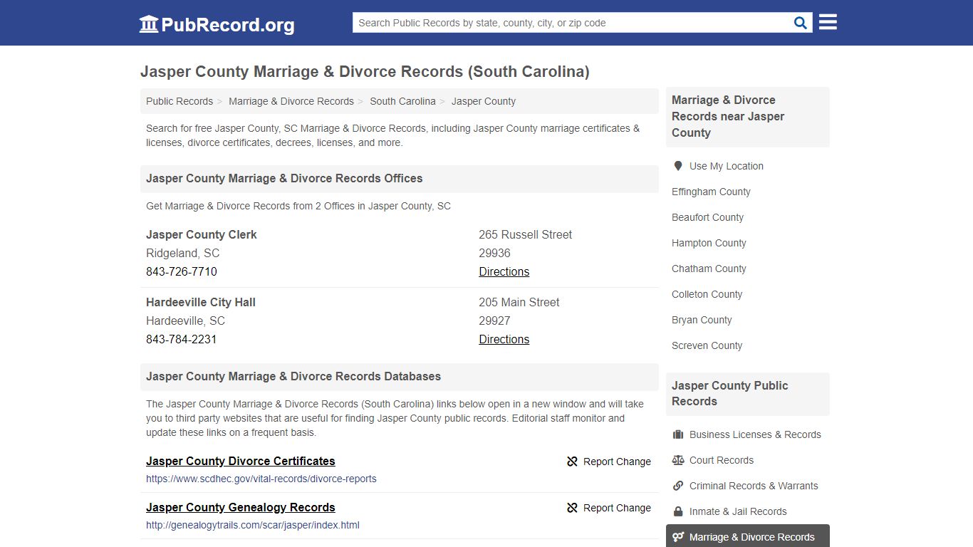 Jasper County Marriage & Divorce Records (South Carolina)