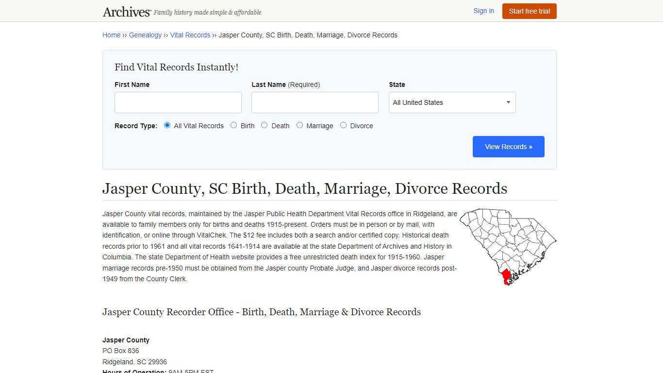 Jasper County, SC Birth, Death, Marriage, Divorce Records - Archives.com